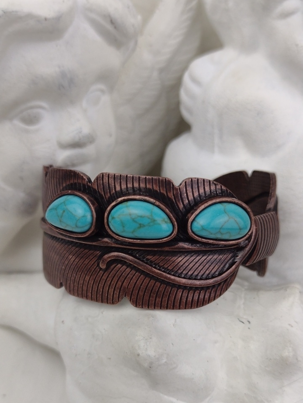 Cool Copper Highly Stylized Turquoise & Copper Tone Feather Cuff Bracelet